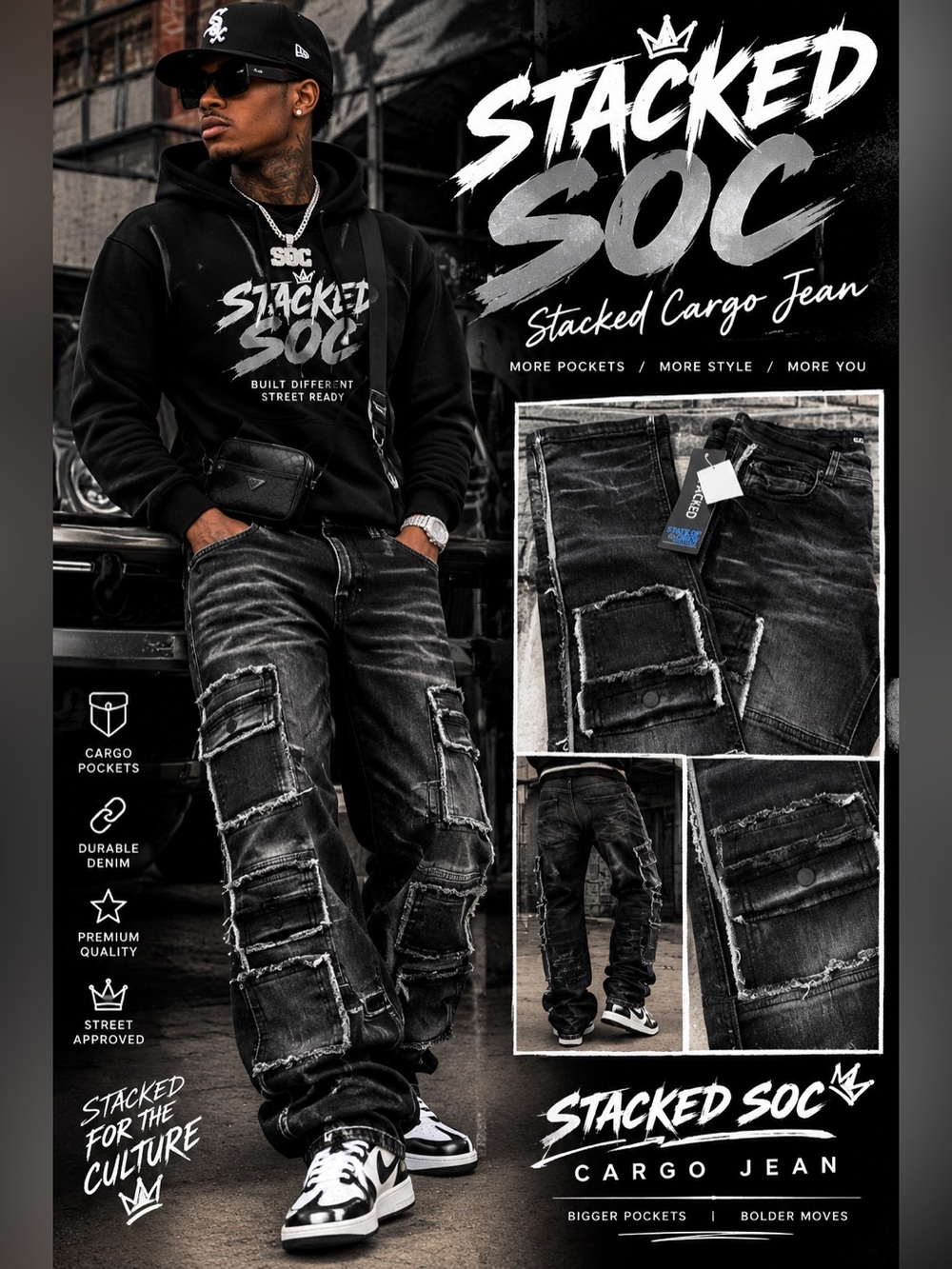 State of Crew STACKED | Men's Black Distressed Cargo Jeans